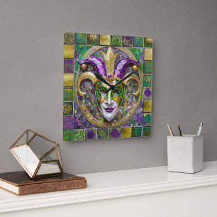 Gold Green Purple Mardi Gras Jester Mask Square Wall Clock