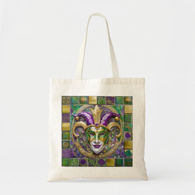 Gold Green Purple Mardi Gras Jester Mask Tote Bag (Front)