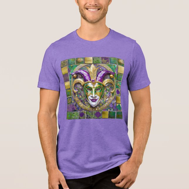 Gold Green Purple Mardi Gras Jester Mask Tri-Blend Shirt (Front)