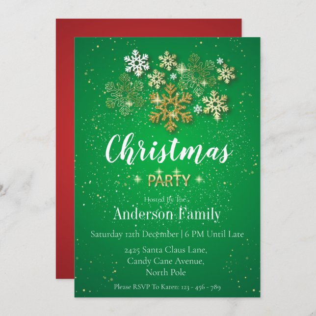 Gold, Green & Red Luxury Style Christmas Party Invitation (Front/Back)