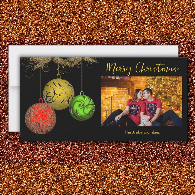 Gold Green Red Ornaments One Photo Christmas Card (Merry Christmas Photo Card with Ornaments.)