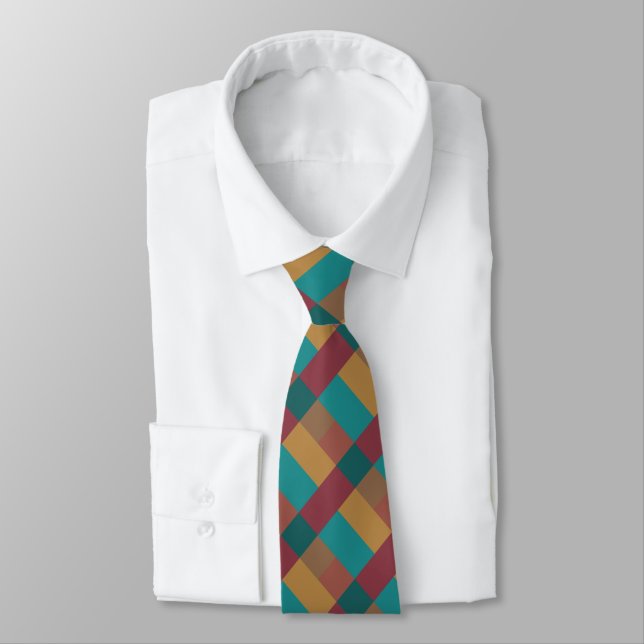 Gold Green Red Rust Turquoise Colour Block Tie (Tied)
