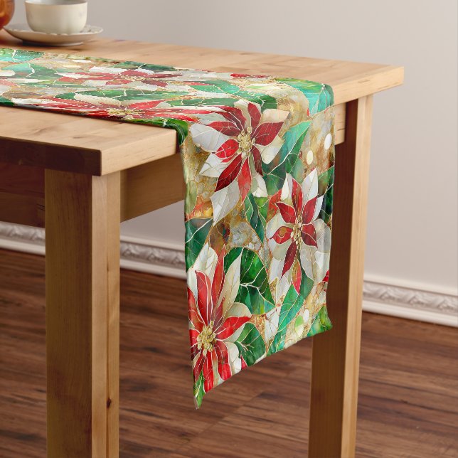 Gold Green Red White Poinsettia  Short Table Runner (In Situ)