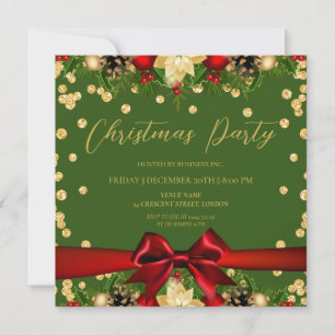 Gold Green Ribbon Glitter Christmas Corporate  Invitation