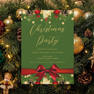 Gold Green Ribbon Glitter Christmas Corporate  Invitation