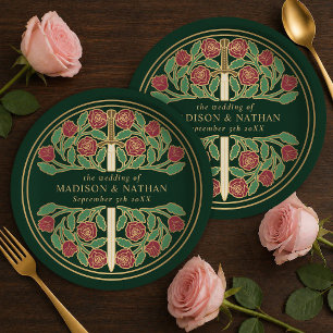 Gold Green Royal Mediaeval Floral Sword Wedding Paper Plate