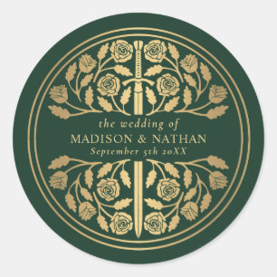 Gold Green Royal Mediaeval Sword Wedding Classic Round Sticker