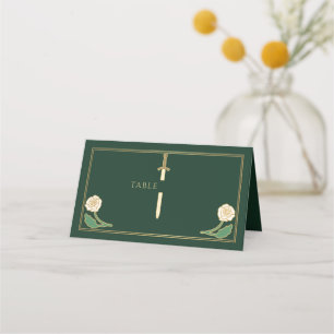 Gold Green Royal White Floral Sword Wedding  Place Card