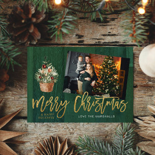 Gold & Green Rustic Merry Christmas One Photo