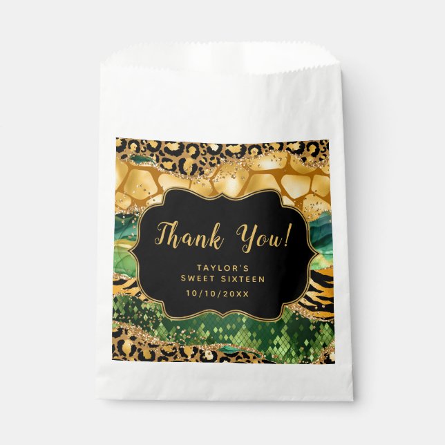 Gold Green Safari Agate Sweet Sixteen Thank You Favour Bag (Front)