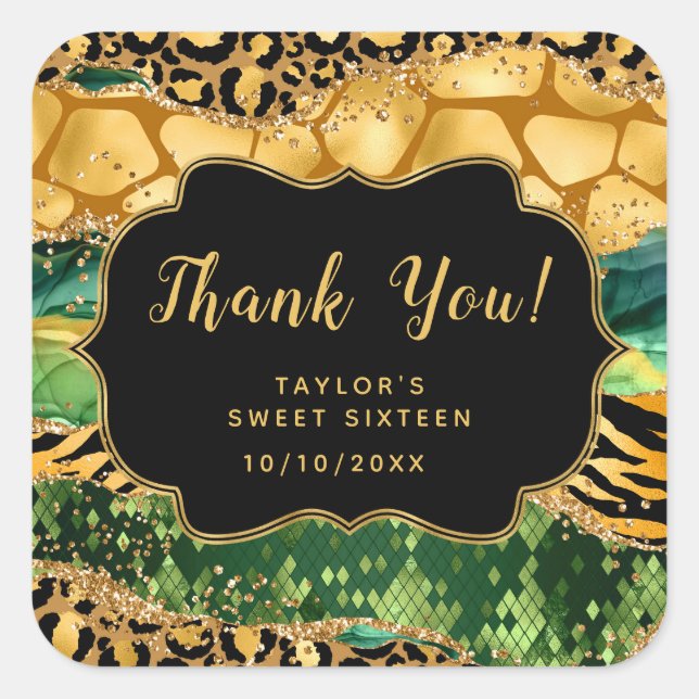Gold Green Safari Agate Sweet Sixteen Thank You Square Sticker (Front)