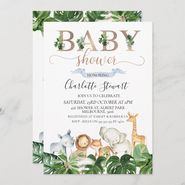 Gold Green Safari Animals Baby Shower Invitation (Front/Back)