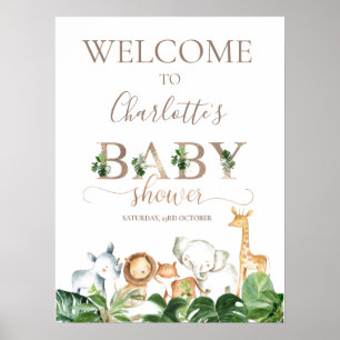 Gold Green Safari Animals Baby Shower Welcome Poster