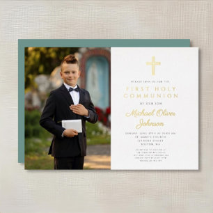 Gold Green Script Boy Photo First Communion