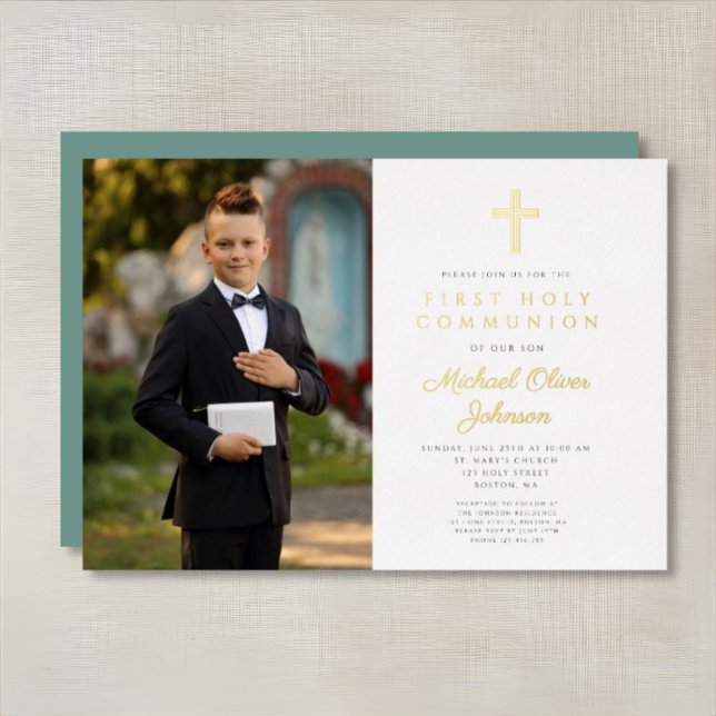Gold Green Script Boy Photo First Communion (Gold Green Script Boy Photo First Communion Foil Invitation)