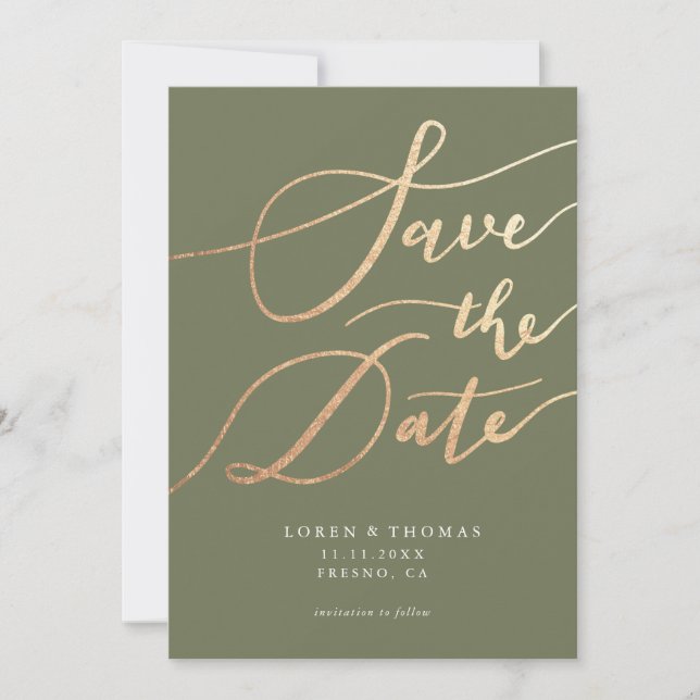Gold Green Script Typography Save The Date (Front)