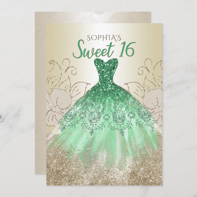 Gold Green Sparkle Dress Sweet 16 birthday  Invitation (Front/Back)
