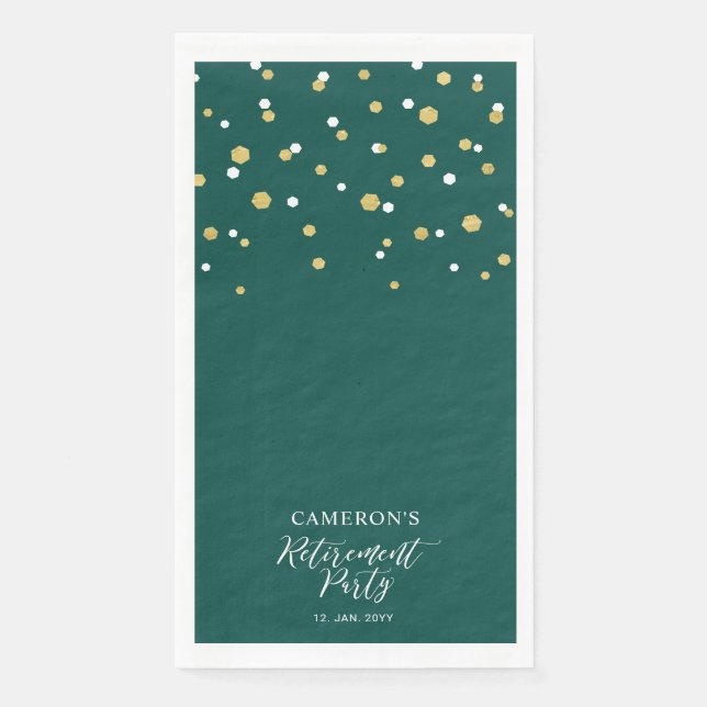 Gold & Green Stylish Confetti Retirement Party Napkin (Front)