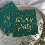 Gold & Green | Surprise 60th Birthday Party Invitation<br><div class="desc">Celebrate your special day with this stylish modern surprise birthday party invitation template. This design features chic gold textured calligraphy and confetti on an Emerald Green background. You can customise the text to any birthday or event. (21st,  30th,  40th,  50th,  60th,  70th,  80th,  90th,  100th)</div>