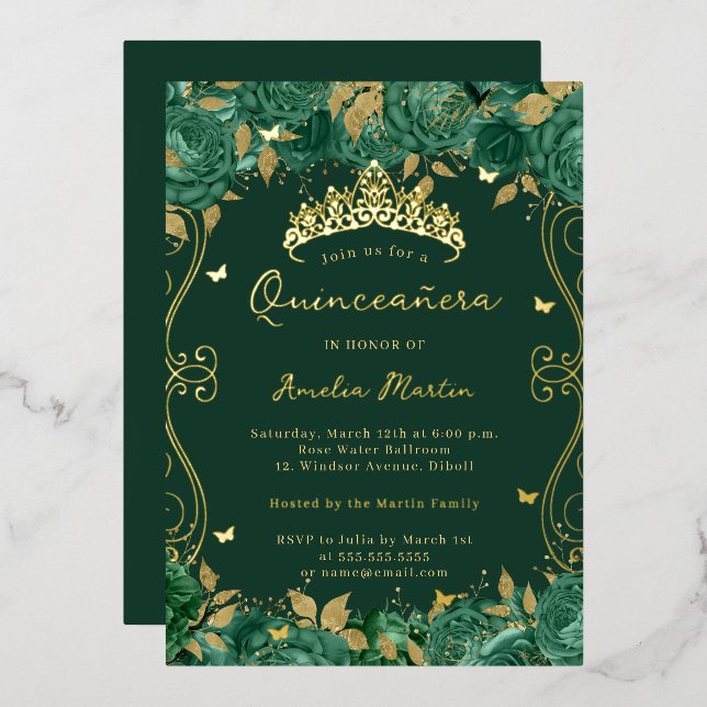 Gold Green Swirl Scroll Floral Quinceanera  (Front/Back)