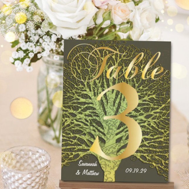 Gold Green Swirly Tree Table Number 3 Postcard (Creator Uploaded)