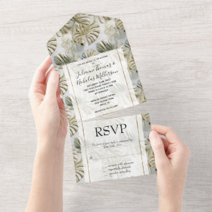 Gold Green Tropical Leaves All In One Invitation