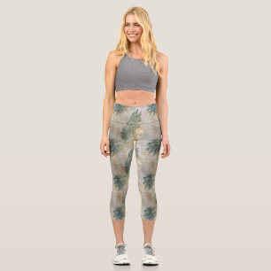Gold Green Tropical Leaves Capri Leggings