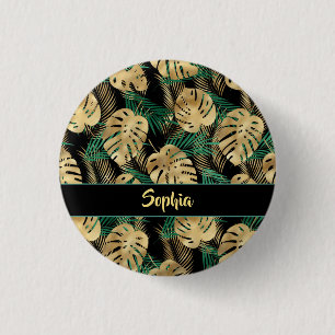 Gold & Green Tropical Leaves, DIY Gold Name, Black 3 Cm Round Badge