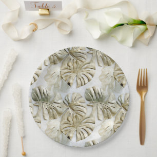 Gold Green Tropical Leaves Paper Plate