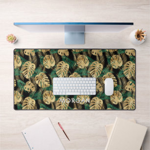 Gold & Green Tropical Leaves, Personalise Name Desk Mat