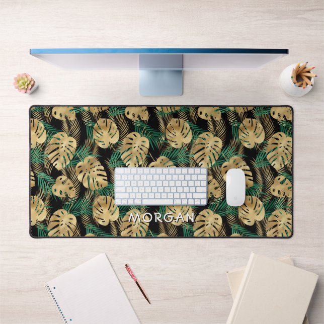 Gold & Green Tropical Leaves, Personalise Name Desk Mat (Office 1)