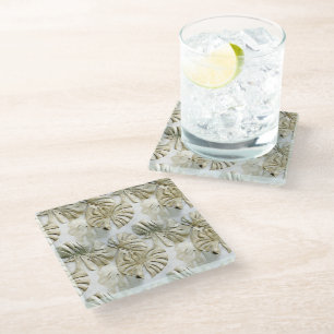Gold Green Tropical Leaves Sage Glass Coaster