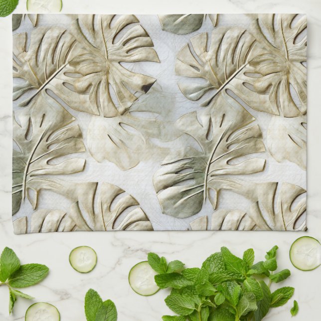 Gold Green Tropical Leaves Sage Tea Towel (Folded)
