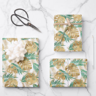 Gold & Green Tropical Leaves Wrapping Paper Sheet