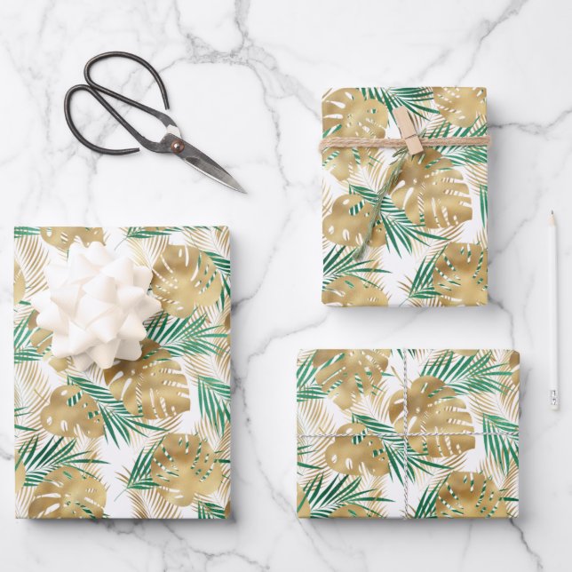 Gold & Green Tropical Leaves Wrapping Paper Sheet (Front)