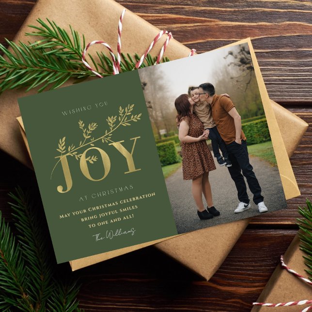Gold & Green Typography Family Christmas Photo  Holiday Card (Creator Uploaded)