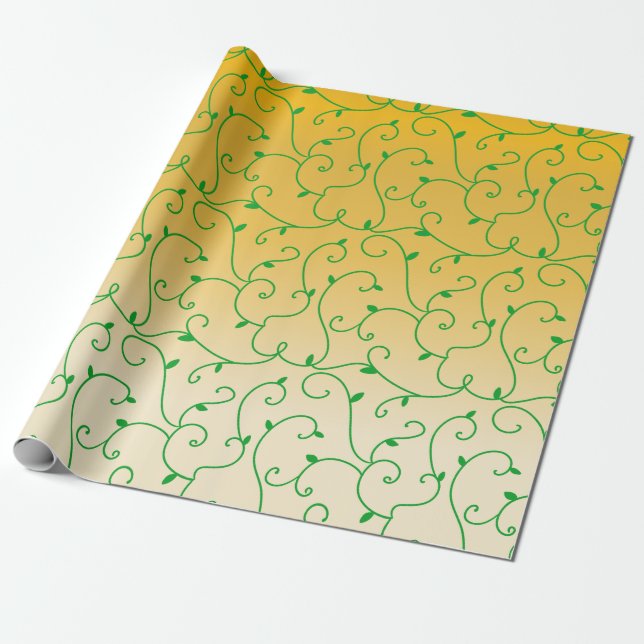Gold Green Vine Leaves Pattern Wrapping Paper (Unrolled)