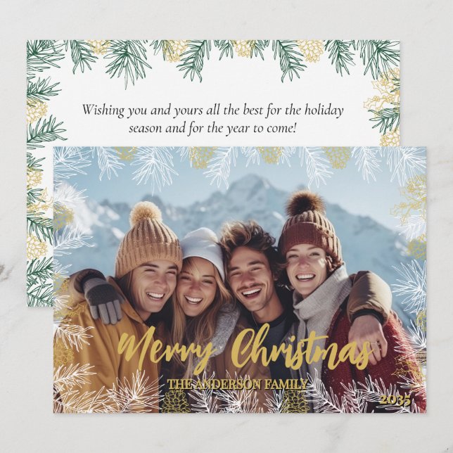 Gold Green White Modern Botanical Photo Christmas Holiday Card (Front/Back)