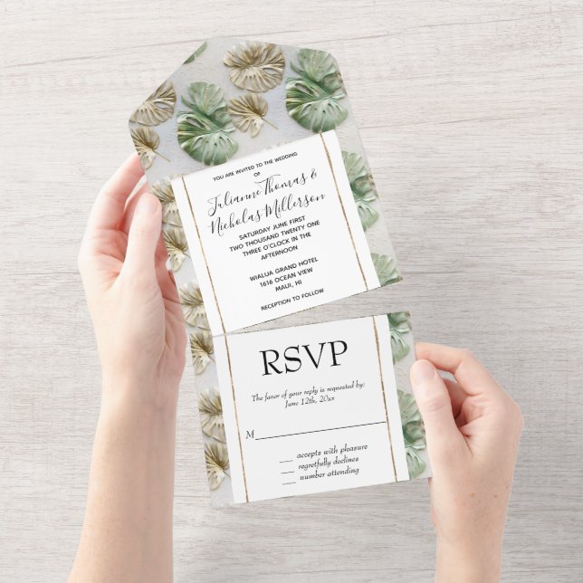 Gold Green White Tropical Leaves All In One Invitation (Tearaway)