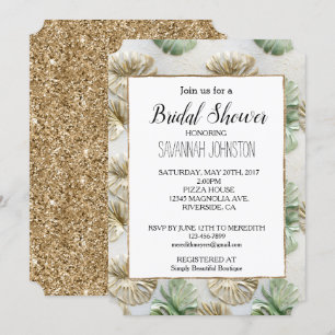 Gold Green White Tropical Leaves Bridal Shower Invitation