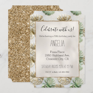 Gold Green White Tropical Leaves Invitation