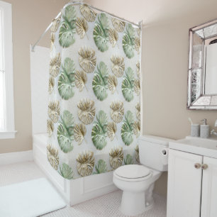 Gold Green White Tropical Leaves Shower Curtain