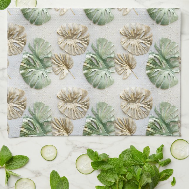 Gold Green White Tropical Leaves Tea Towel (Folded)