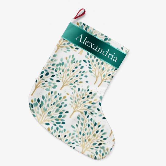 Gold Green White Whimsical Trees Christmas Name Large Christmas Stocking (Front (Hanging))