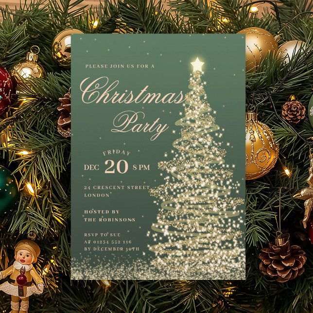 Gold Green Winter Christmas Tree Holiday Party  Invitation (Creator Uploaded)
