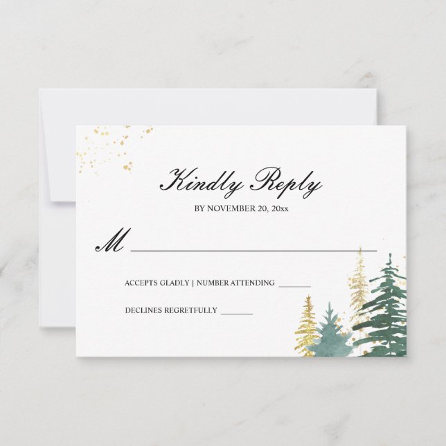 Gold Green Woodland Pine Trees Watercolor RSVP Card (Front)