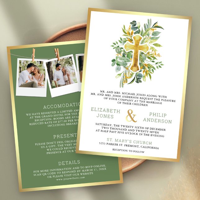Gold Greenery All in One Catholic Wedding Invitation (Creator Uploaded)
