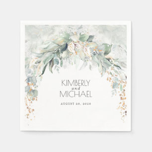 Gold Greenery and Eucalyptus Leaves Wedding Napkin