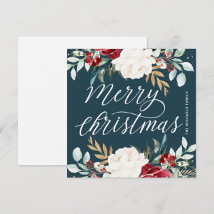 Gold Greenery and Red Flowers Deep Blue Christmas Holiday Card