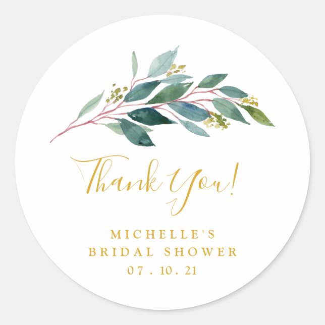 Gold Greenery Bridal Shower Classic Round Sticker (Front)